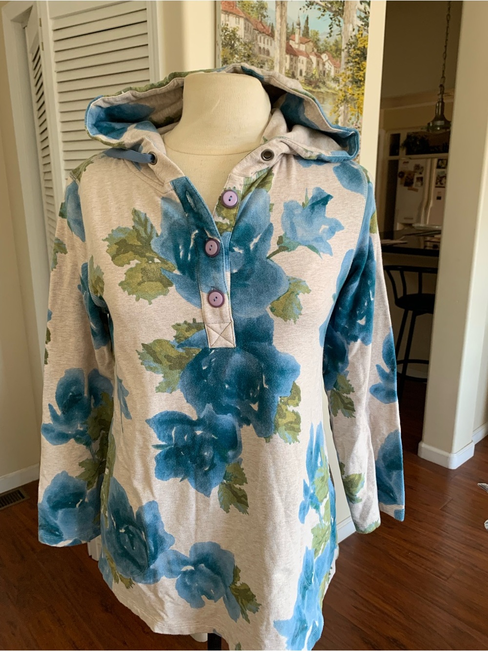 Susan Graver Blue Floral Hooded Pullover with Button Placket